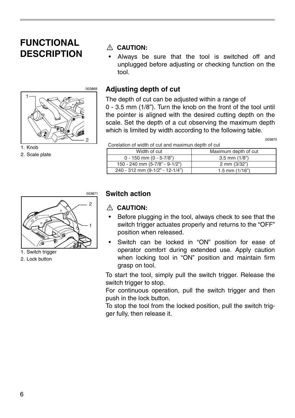 Functional description, Adjusting depth of cut, Switch action | Makita KP312 User Manual | Page 6 / 16