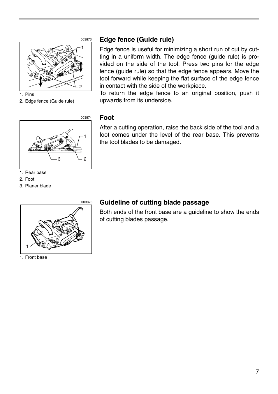 Edge fence (guide rule), Foot, Guideline of cutting blade passage | Makita KP312 User Manual | Page 7 / 16