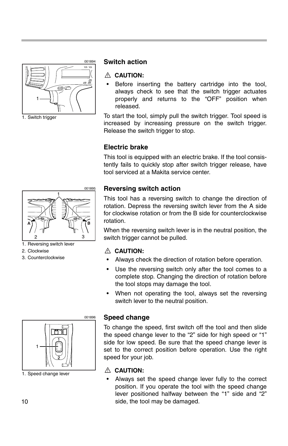 Switch action, Electric brake, Reversing switch action | Speed change | Makita 217D User Manual | Page 10 / 20