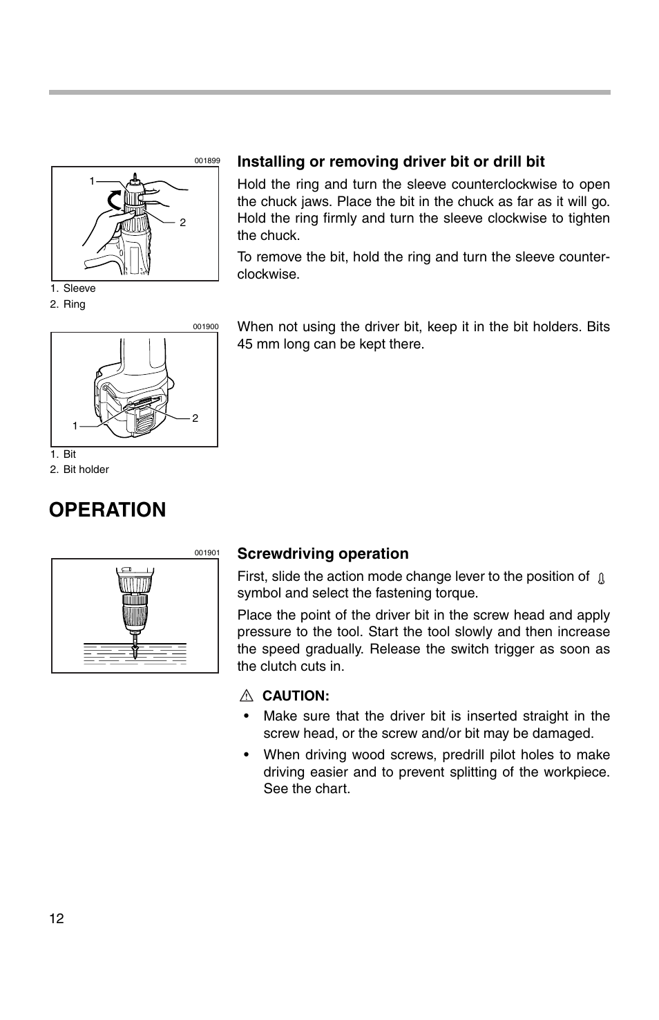 Operation, Installing or removing driver bit or drill bit, Screwdriving operation | Makita 217D User Manual | Page 12 / 20