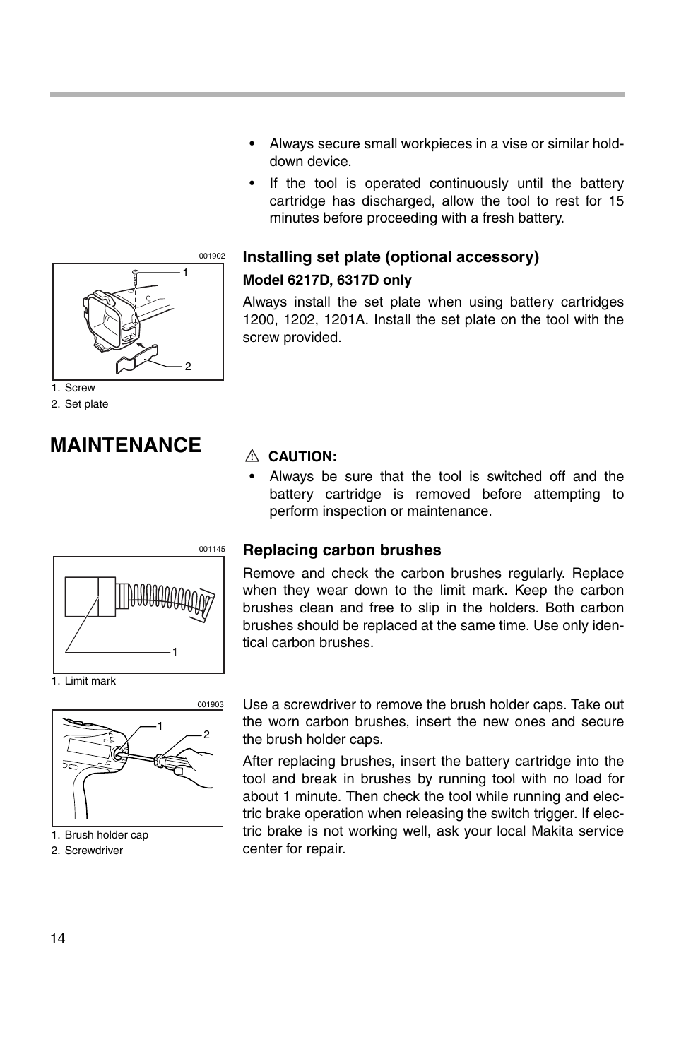 Maintenance, Installing set plate (optional accessory), Replacing carbon brushes | Makita 217D User Manual | Page 14 / 20