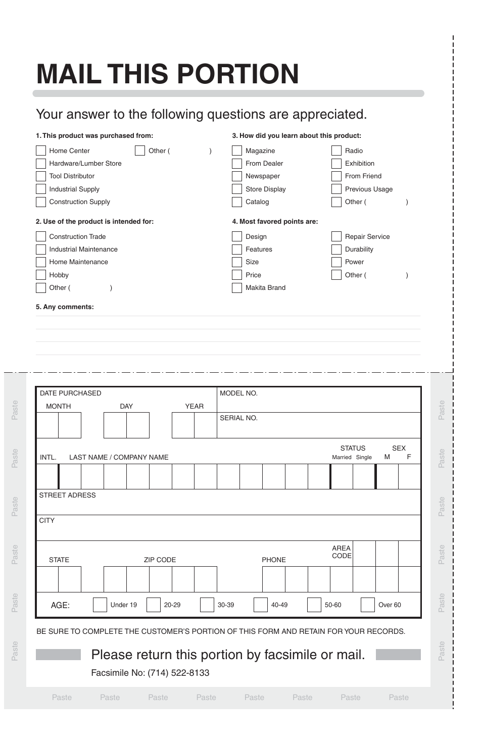 Mail this portion, Please return this portion by facsimile or mail | Makita 217D User Manual | Page 18 / 20
