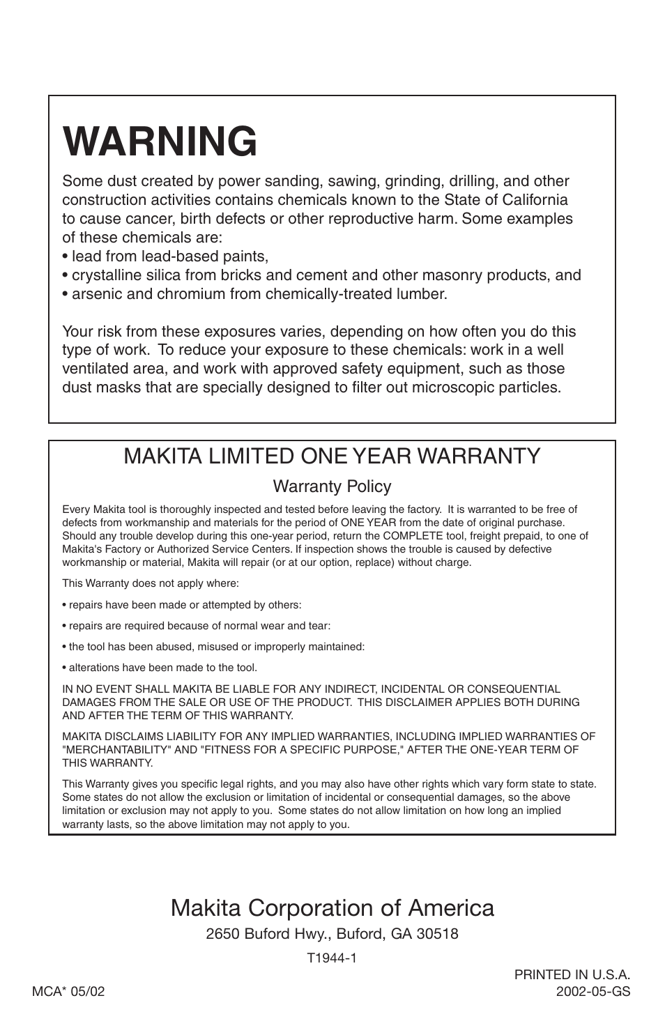 Warning, Makita corporation of america, Makita limited one year warranty | Makita 217D User Manual | Page 20 / 20