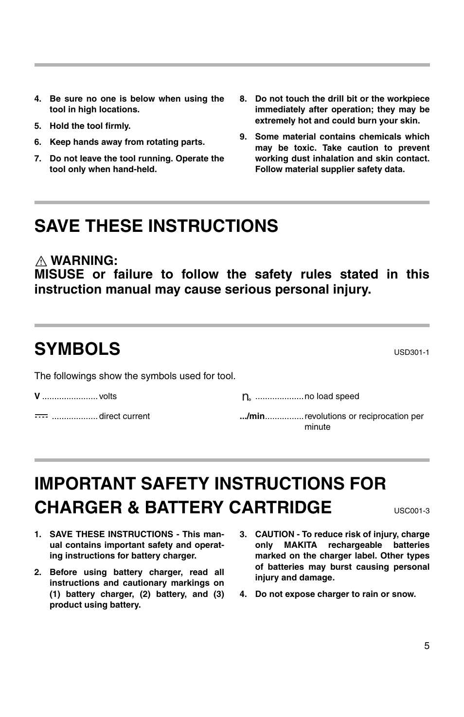 Save these instructions, Symbols | Makita 217D User Manual | Page 5 / 20