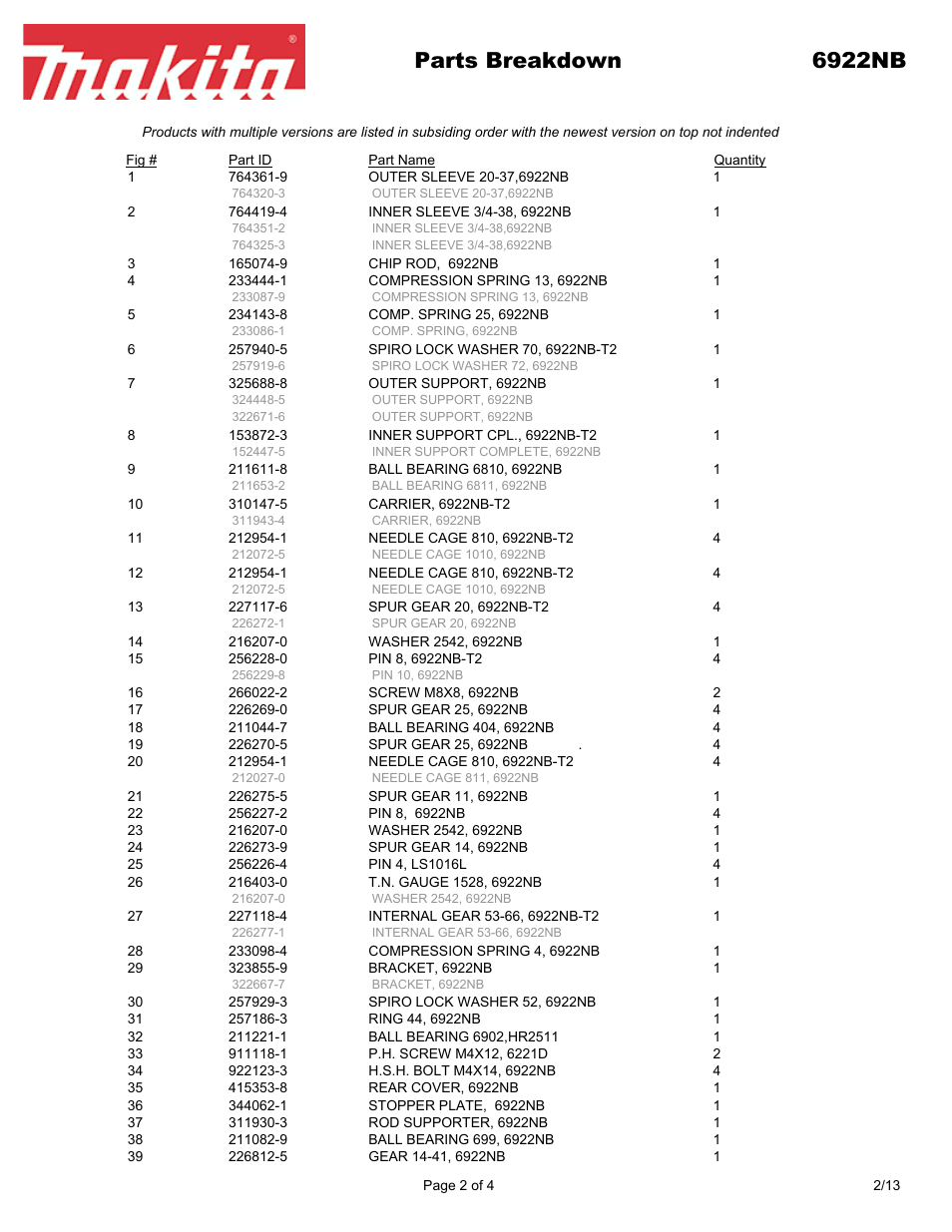 Parts breakdown 6922nb | Makita 6922N User Manual | Page 2 / 4