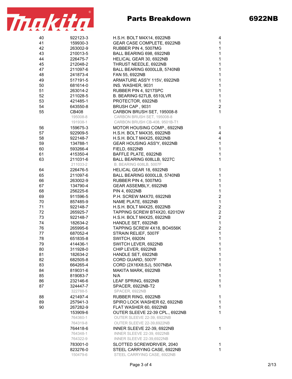 Parts breakdown 6922nb | Makita 6922N User Manual | Page 3 / 4