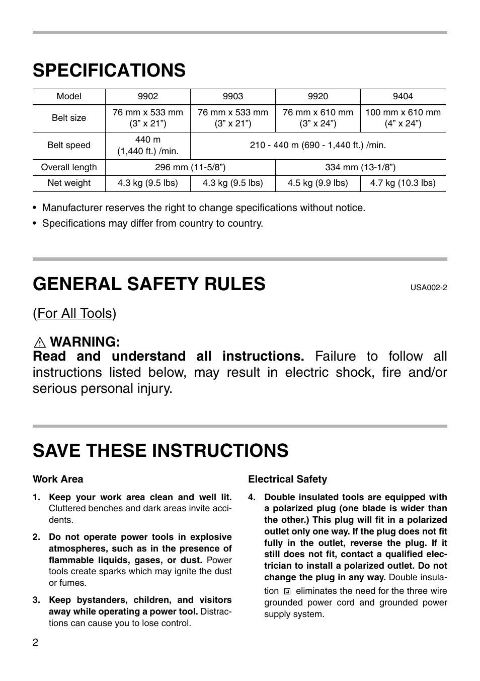 Specifications, General safety rules, Save these instructions | Makita 9903 User Manual | Page 2 / 16