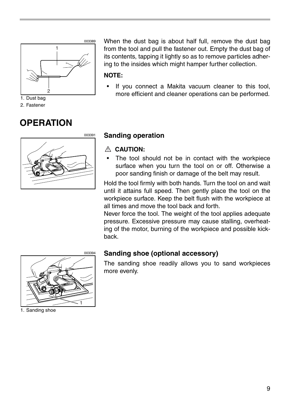 Operation, Sanding operation, Sanding shoe (optional accessory) | Makita 9903 User Manual | Page 9 / 16