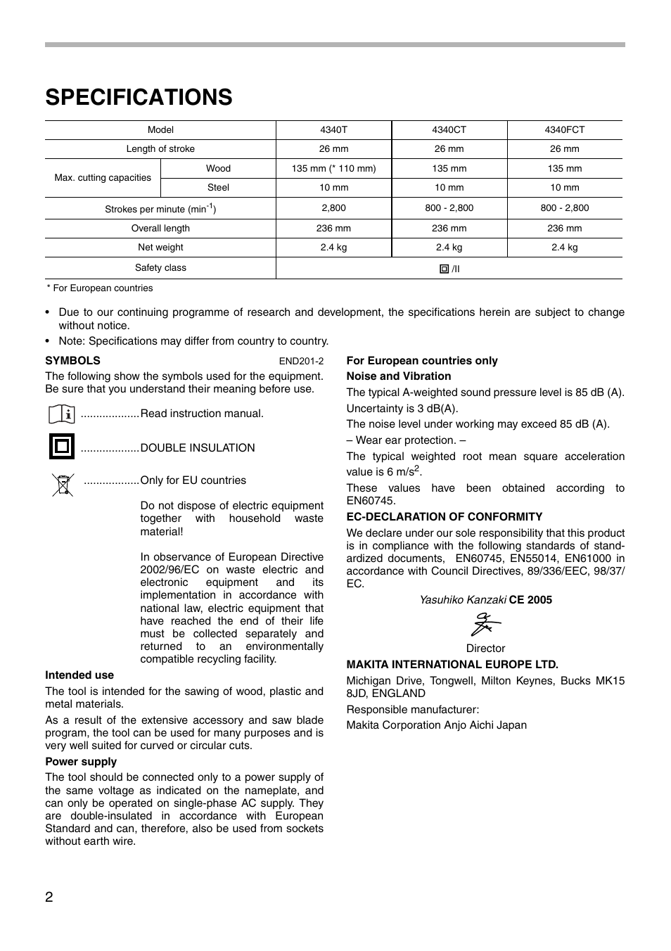 Specifications | Makita 4340CT User Manual | Page 2 / 16