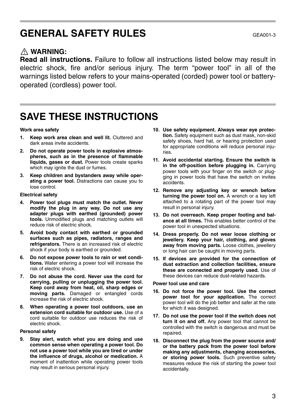 General safety rules, Save these instructions | Makita 4340CT User Manual | Page 3 / 16