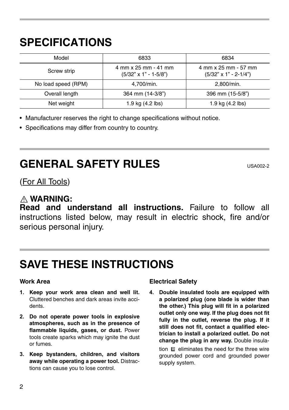 Specifications, General safety rules, Save these instructions | Makita 6833 User Manual | Page 2 / 16