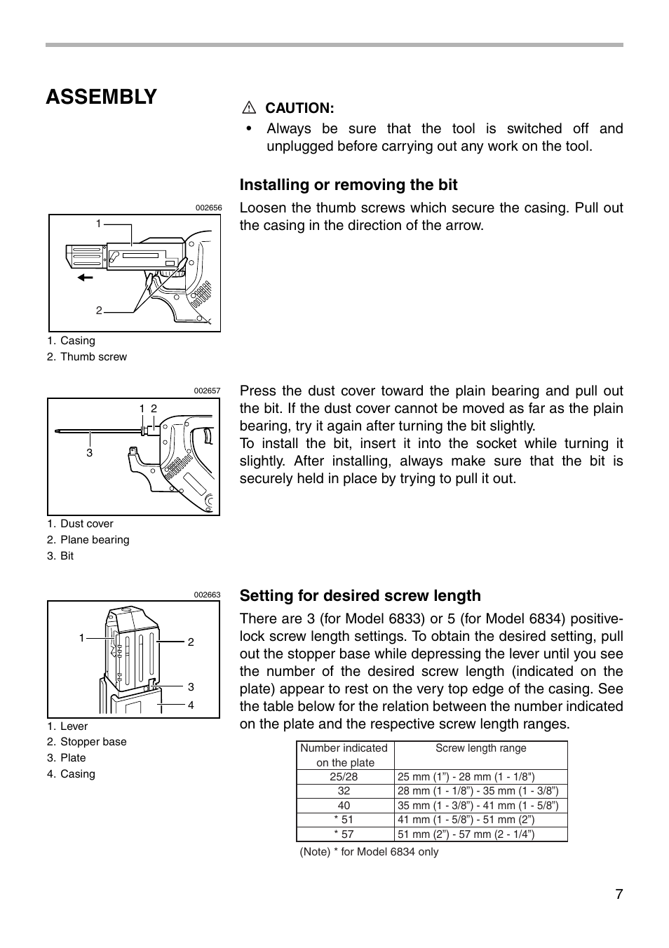Assembly, Installing or removing the bit, Setting for desired screw length | Makita 6833 User Manual | Page 7 / 16
