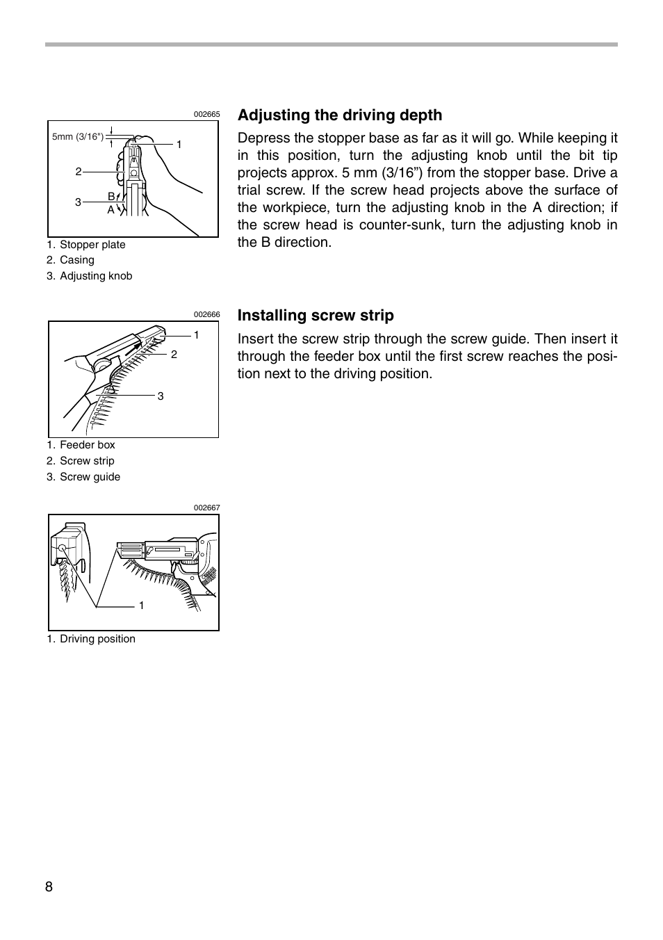 Adjusting the driving depth, Installing screw strip | Makita 6833 User Manual | Page 8 / 16