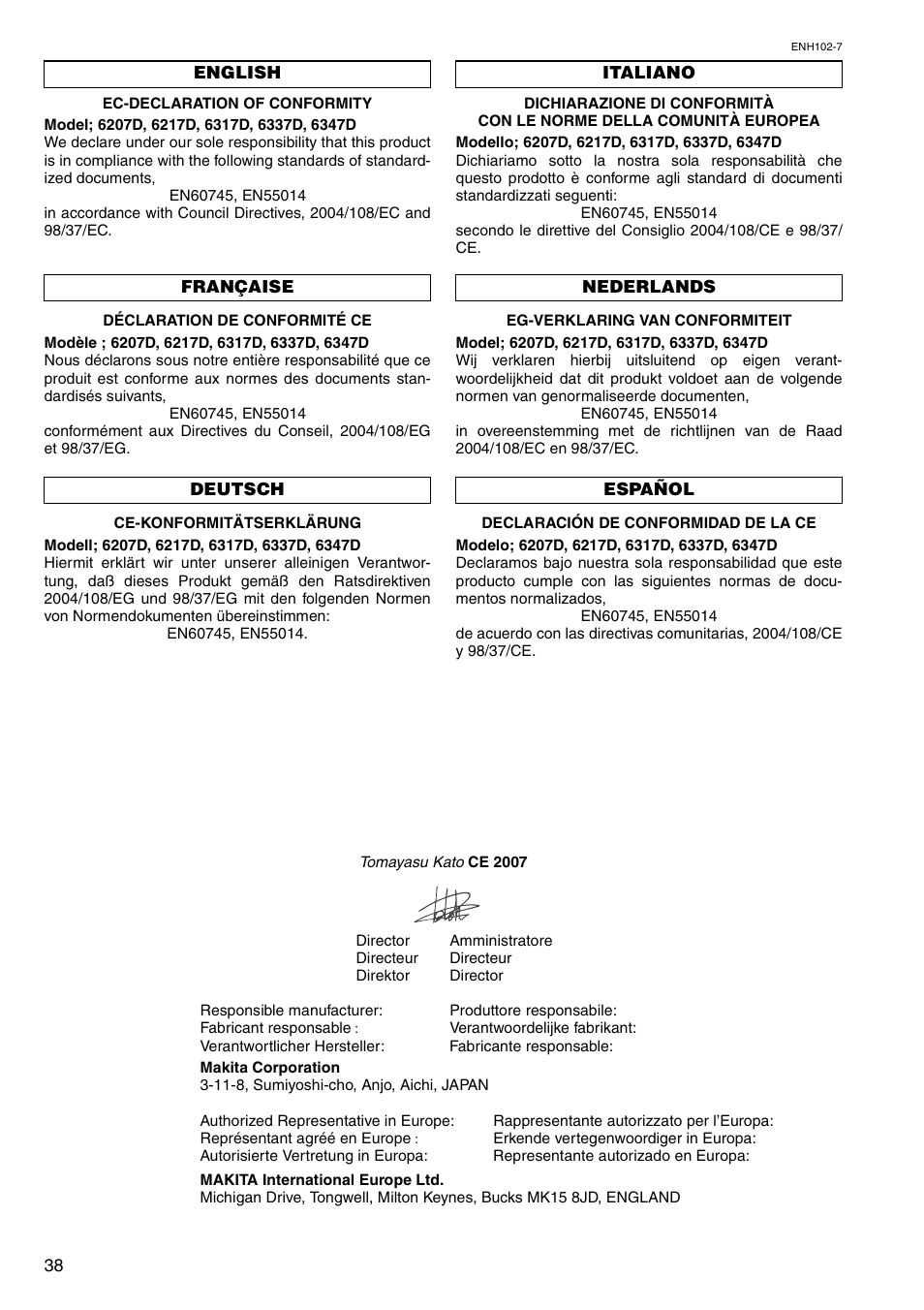 Makita 6207D User Manual | Page 38 / 48