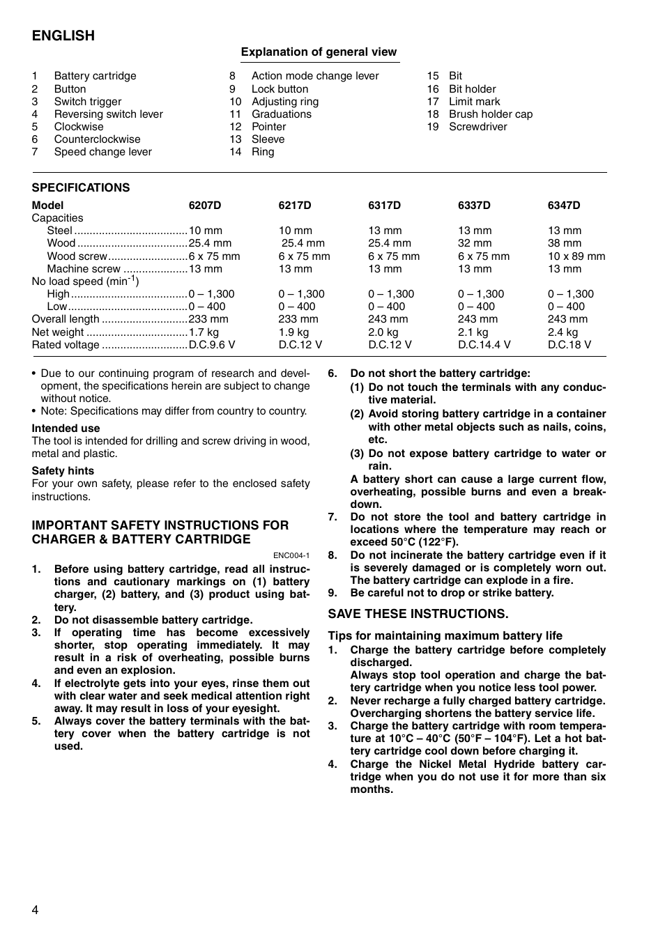 English | Makita 6207D User Manual | Page 4 / 48