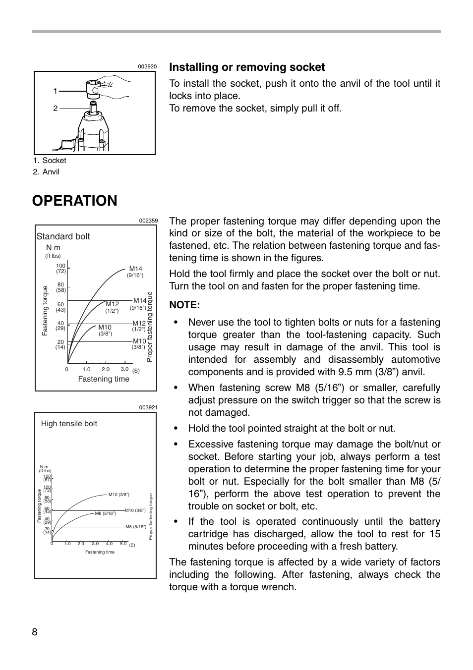 Operation, Installing or removing socket, Standard bolt | Makita 6917FD User Manual | Page 8 / 16