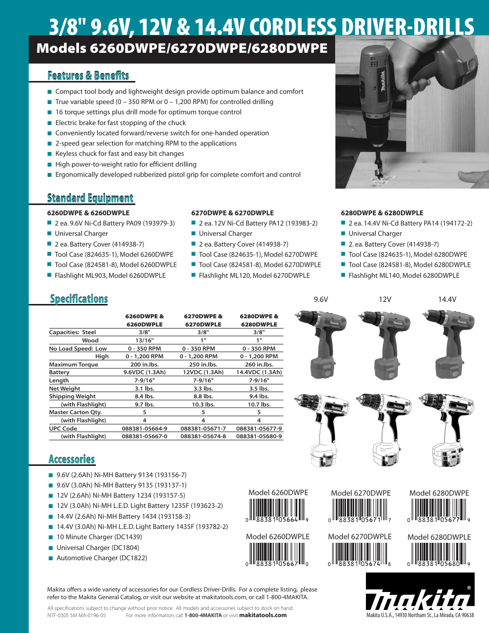 Specifications, Accessories, Standard equipment | Makita 6270DWPLE User Manual | Page 2 / 2