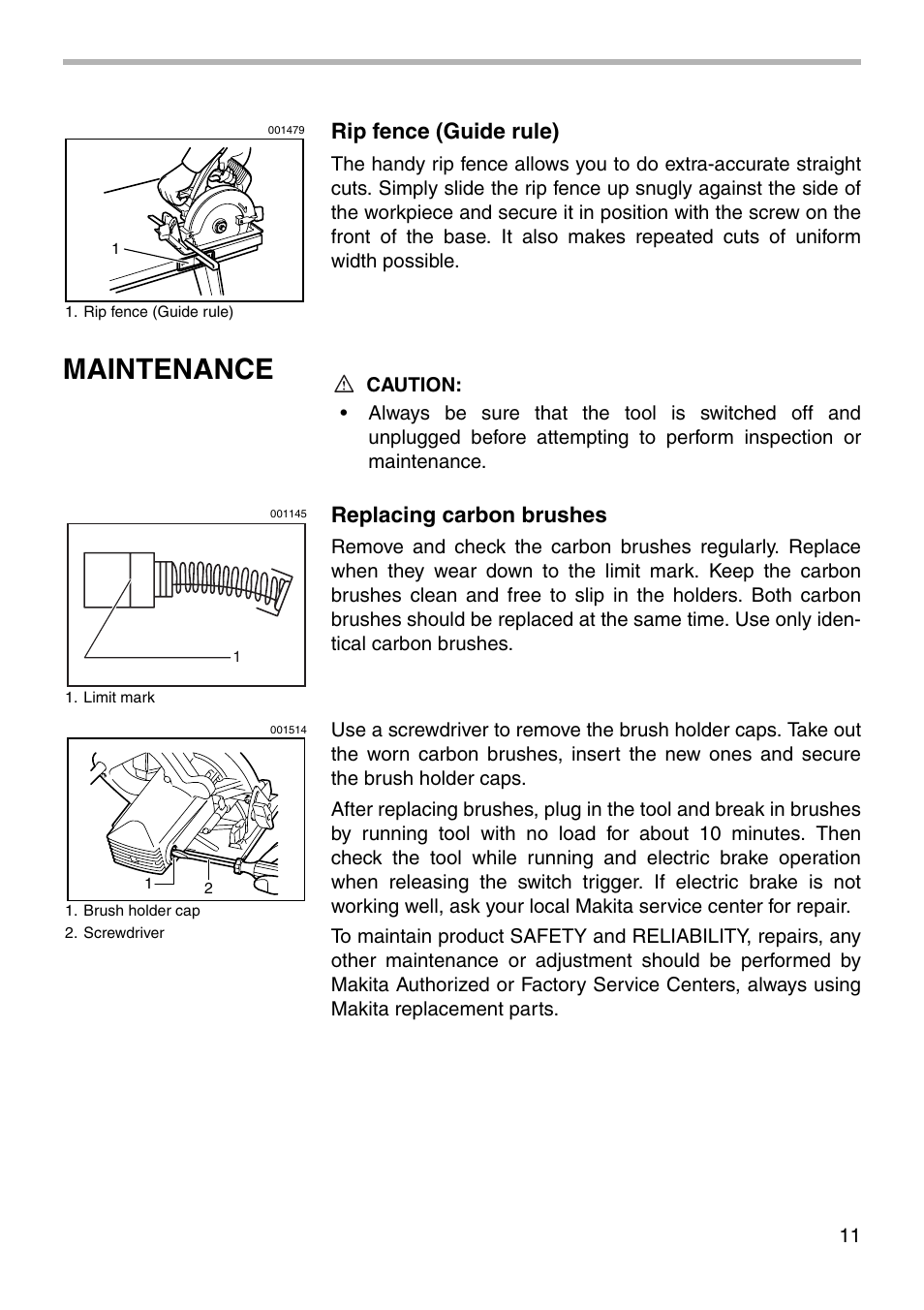 Maintenance, Rip fence (guide rule), Replacing carbon brushes | Makita CIRCULAR SAW 5005BA User Manual | Page 11 / 16