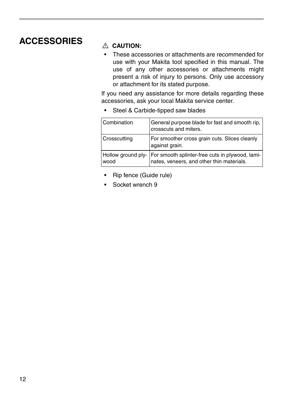 Accessories | Makita CIRCULAR SAW 5005BA User Manual | Page 12 / 16