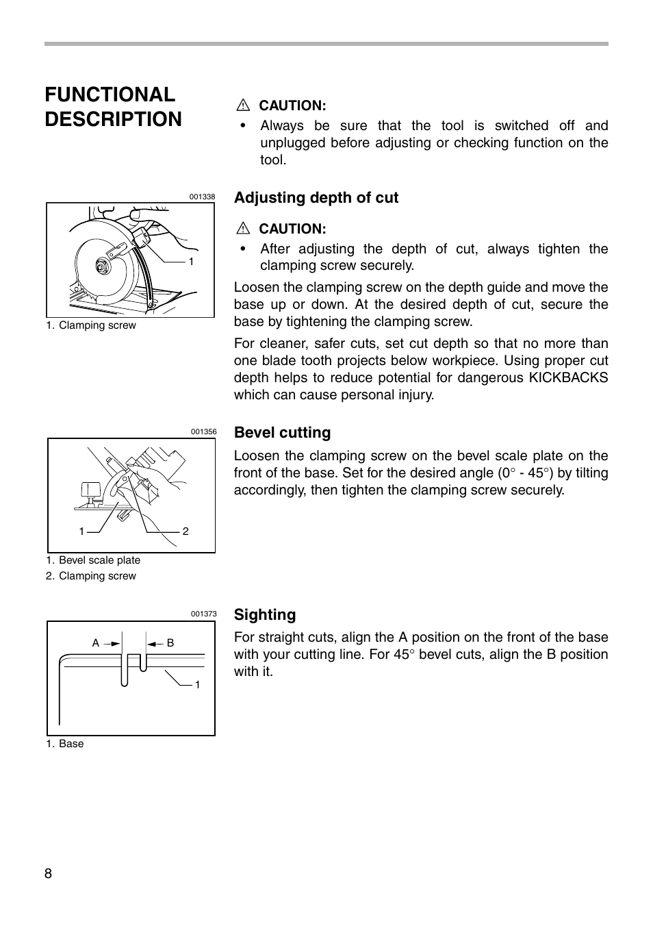 Functional description, Adjusting depth of cut, Bevel cutting | Sighting | Makita CIRCULAR SAW 5005BA User Manual | Page 8 / 16