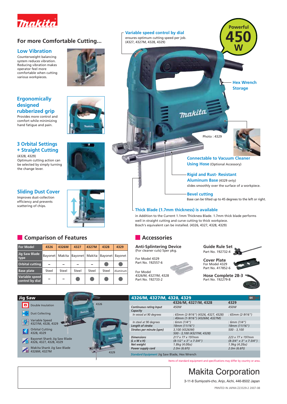 Makita corporation, Accessories, Sliding dust cover | 3 orbital settings + straight cutting, Low vibration, Ergonomically designed rubberized grip | Makita 4327 User Manual | Page 2 / 2