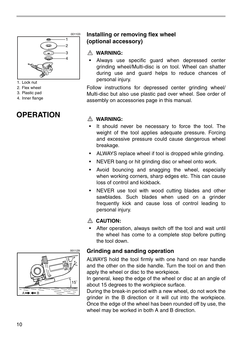 Operation, Grinding and sanding operation | Makita Sander User Manual | Page 10 / 20