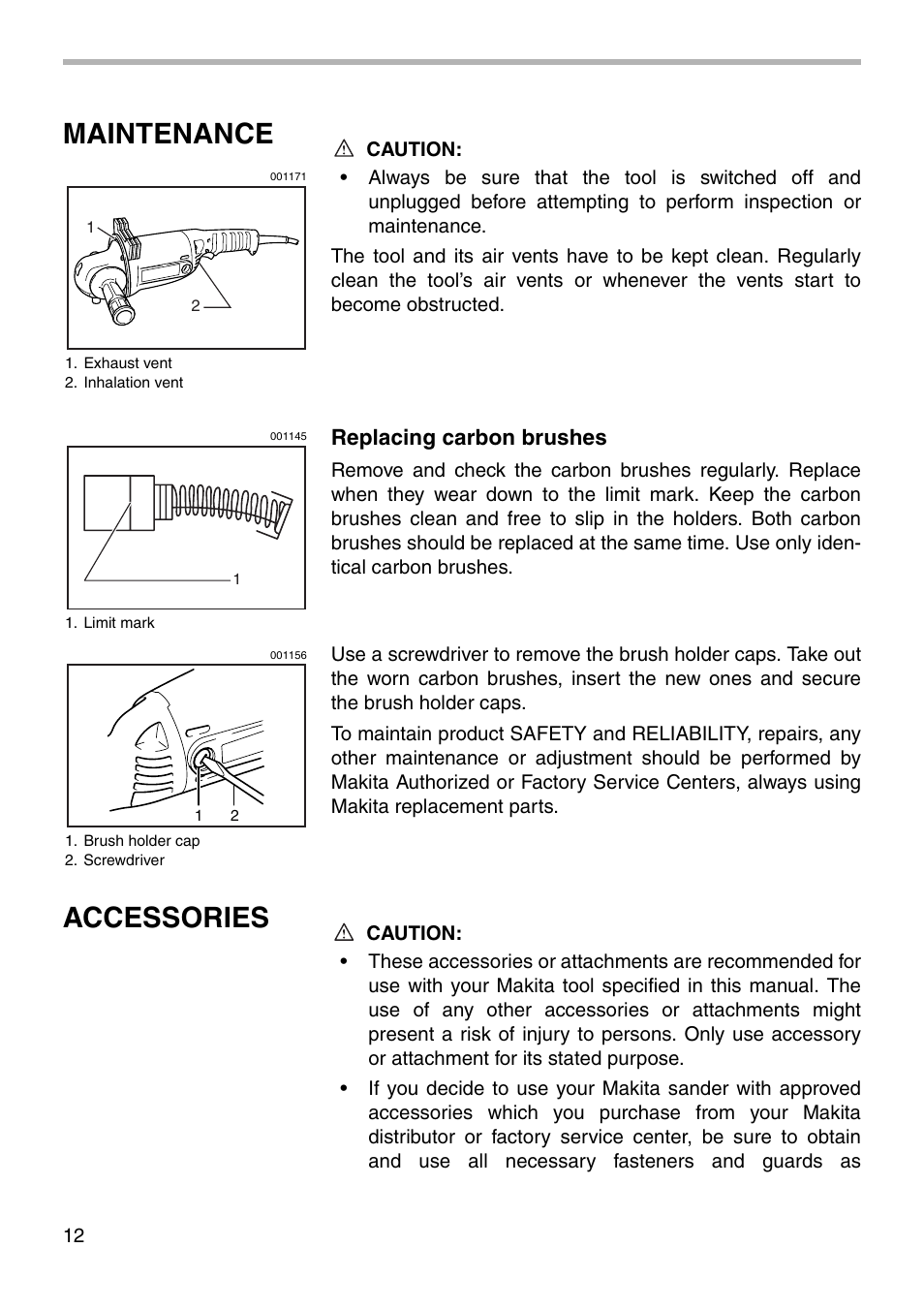 Maintenance, Accessories, Replacing carbon brushes | Makita Sander User Manual | Page 12 / 20