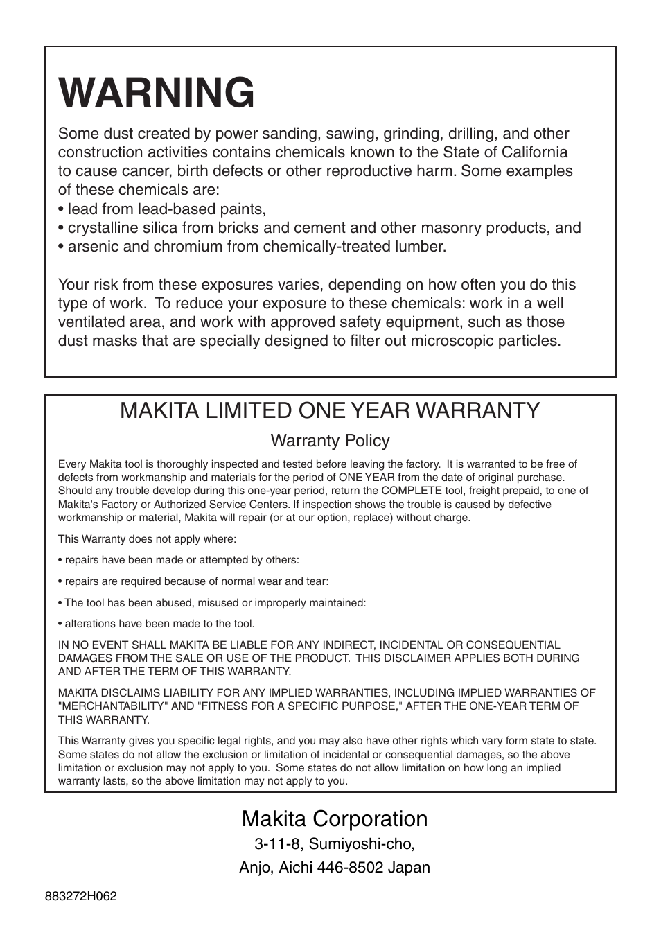 Warning, Makita limited one year warranty, Makita corporation | Makita Sander User Manual | Page 20 / 20