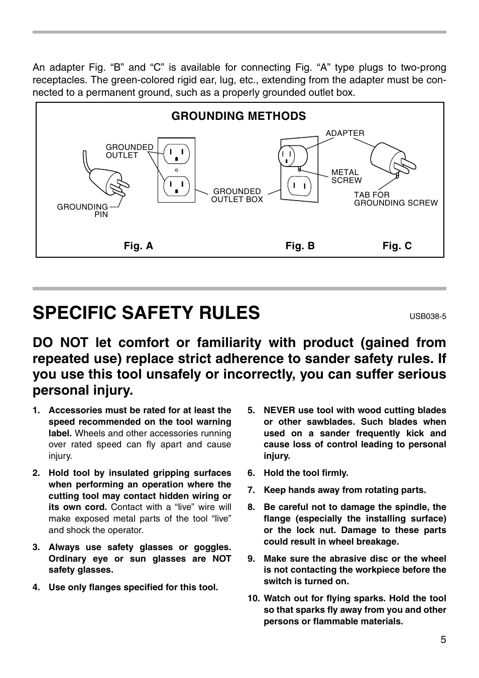 Specific safety rules, Grounding methods | Makita Sander User Manual | Page 5 / 20