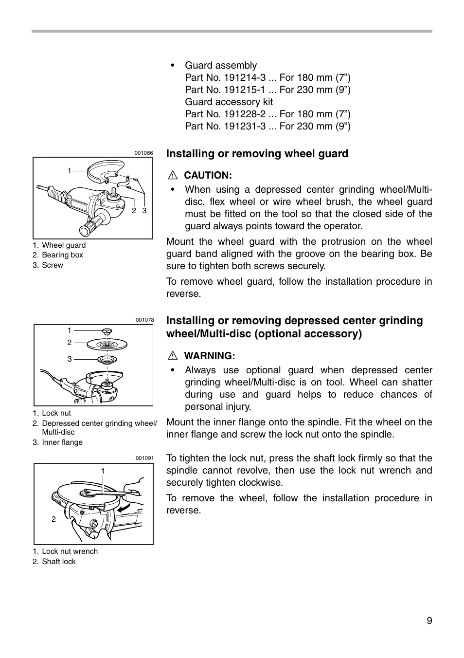 Installing or removing wheel guard | Makita Sander User Manual | Page 9 / 20