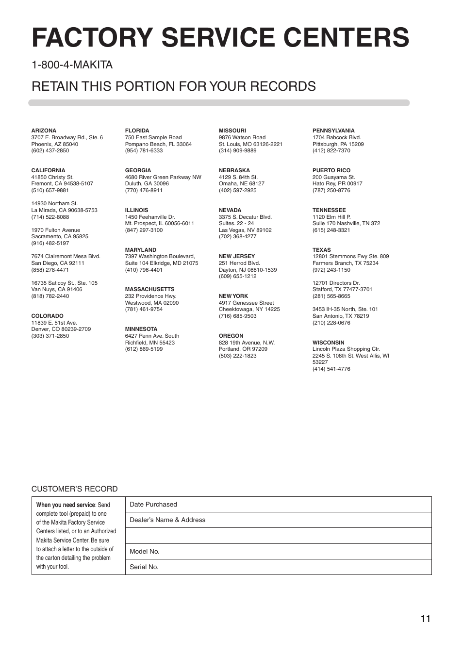 Factory service centers, Retain this portion for your records, 800-4-makita | Makita 6407 User Manual | Page 11 / 12