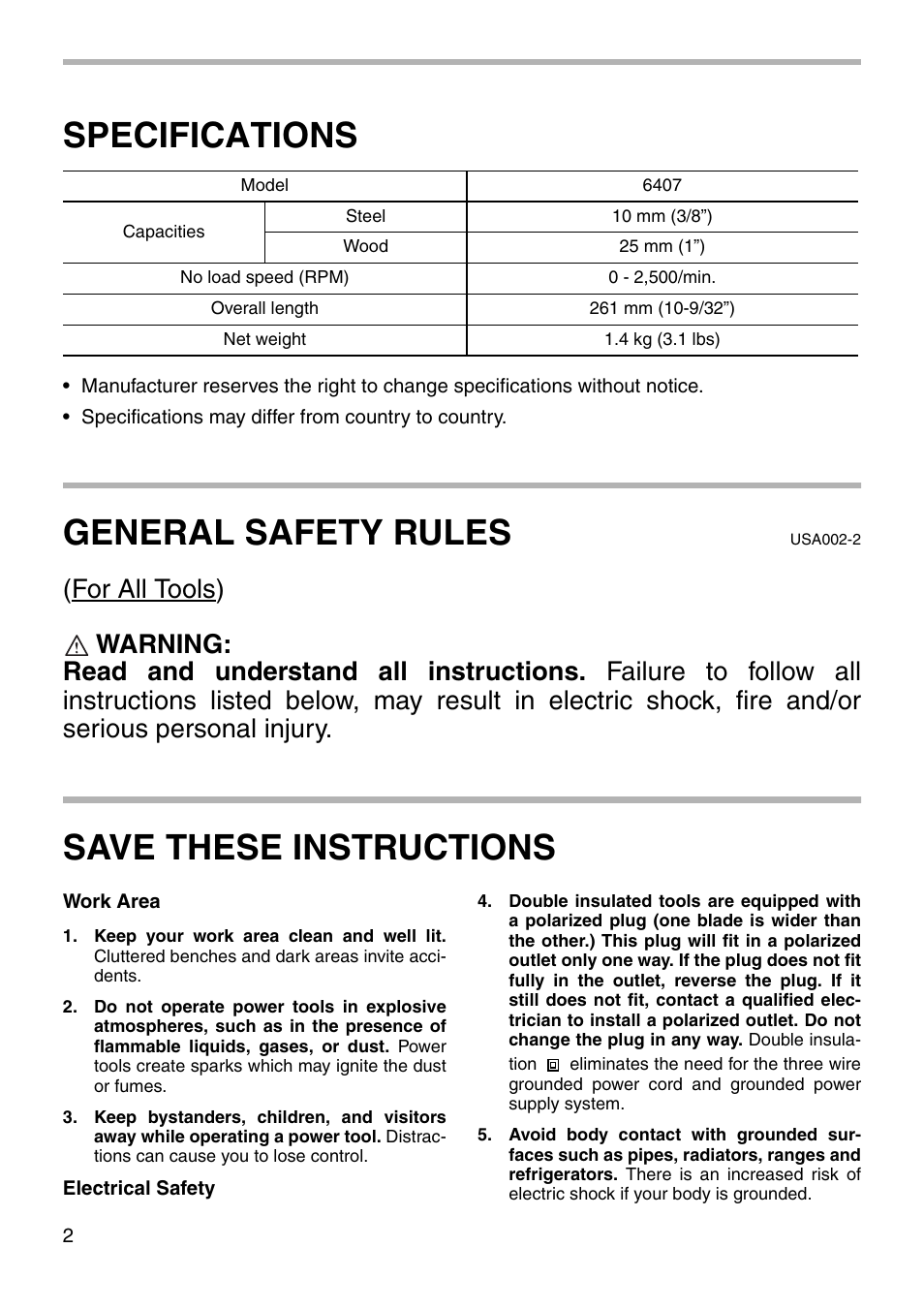 Specifications, General safety rules, Save these instructions | Makita 6407 User Manual | Page 2 / 12