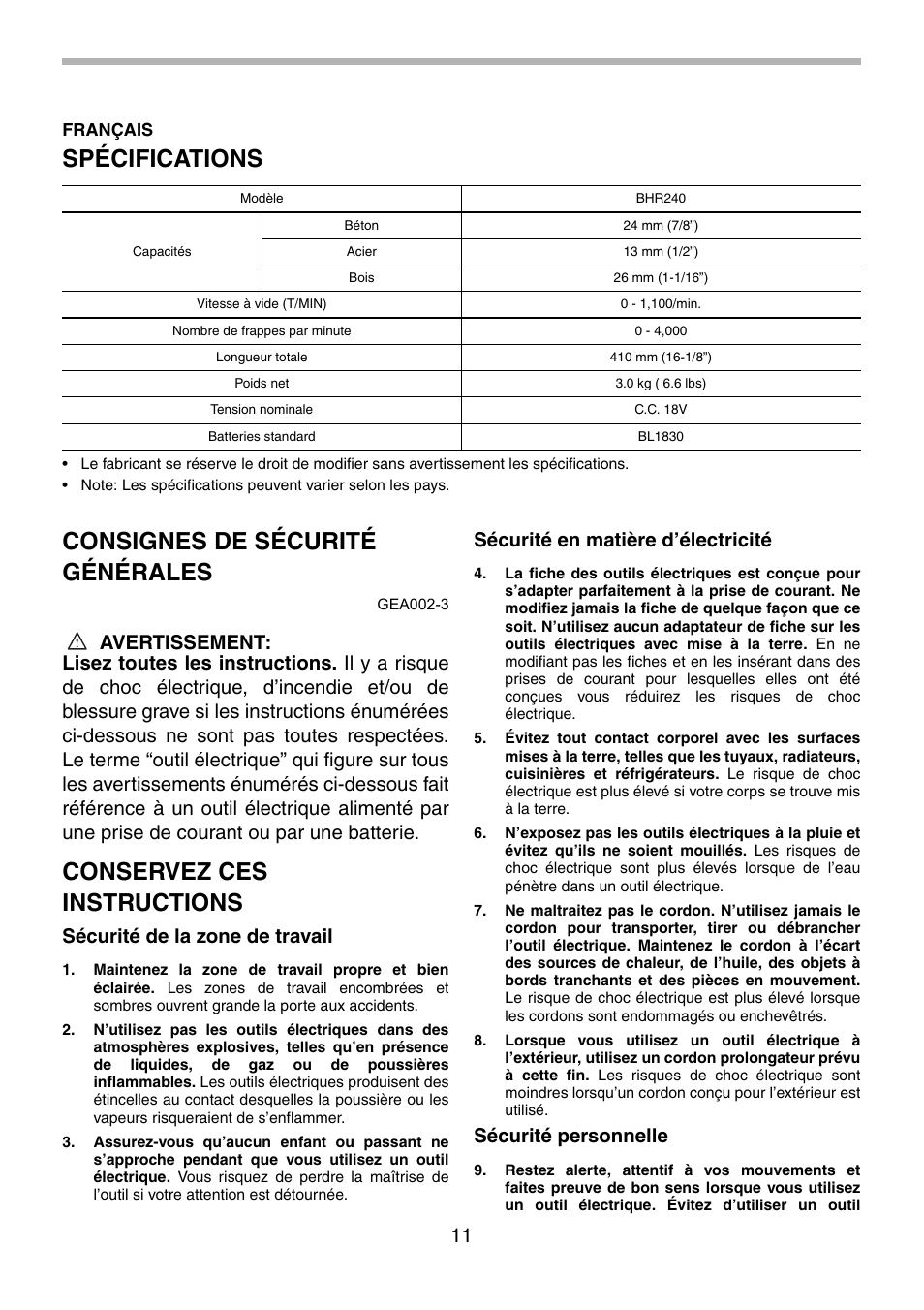 Spécifications, Consignes de sécurité générales, Conservez ces instructions | Sécurité de la zone de travail, Sécurité en matière d’électricité, Sécurité personnelle | Makita BHR240 User Manual | Page 11 / 32