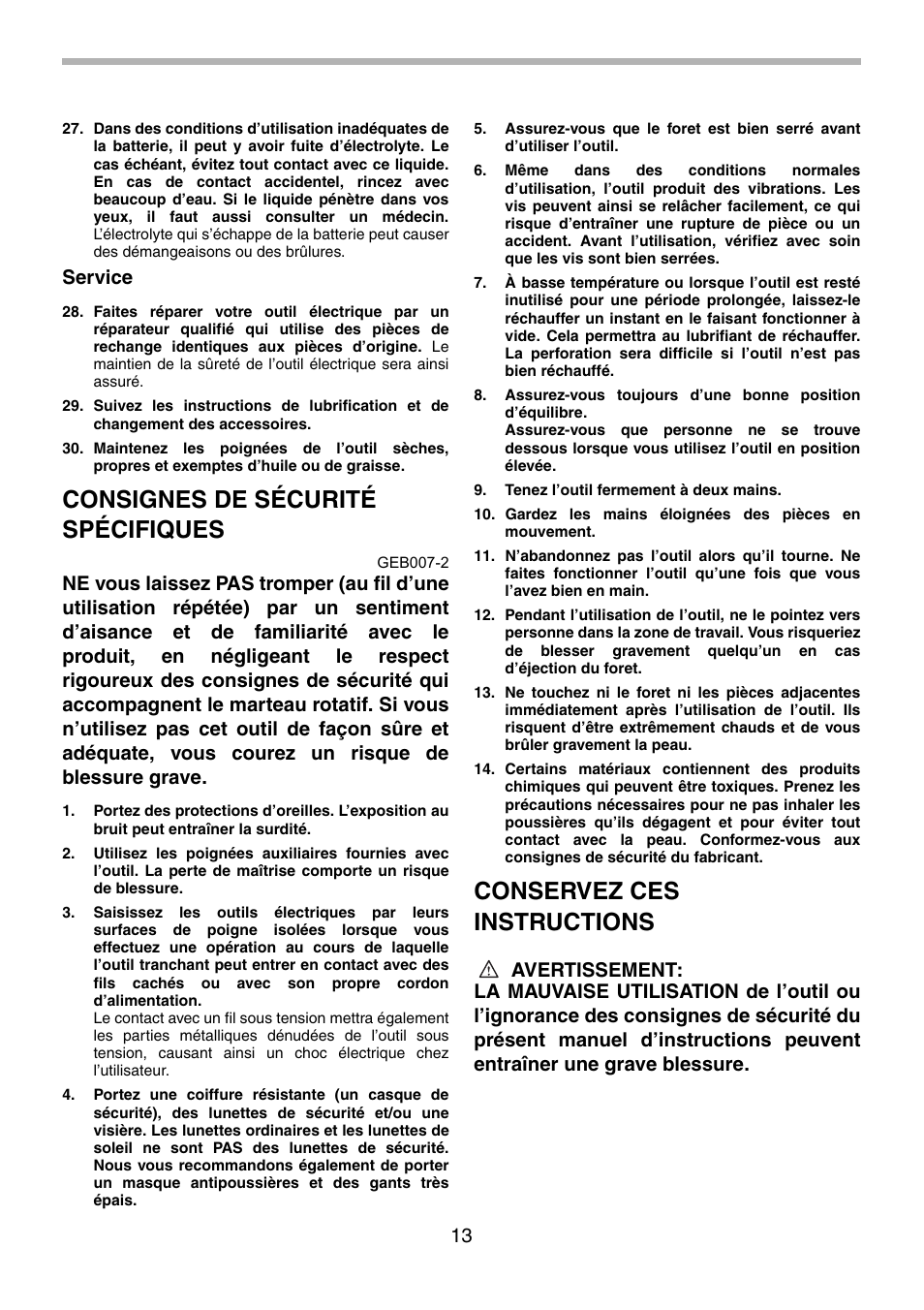 Consignes de sécurité spécifiques, Conservez ces instructions, Service | Makita BHR240 User Manual | Page 13 / 32