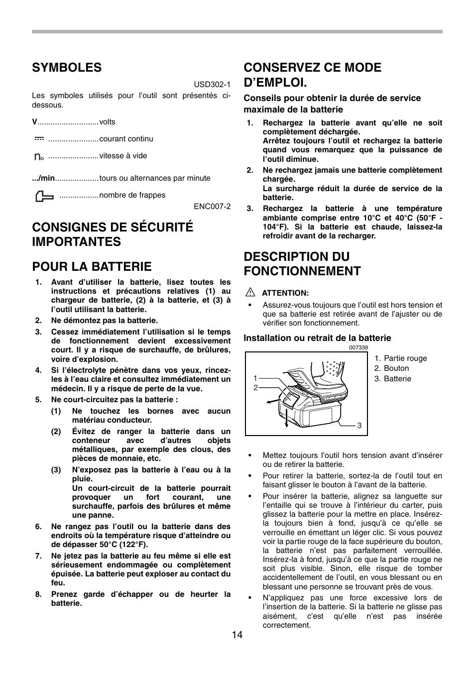 Symboles, Consignes de sécurité importantes pour la batterie, Conservez ce mode d’emploi | Description du fonctionnement | Makita BHR240 User Manual | Page 14 / 32