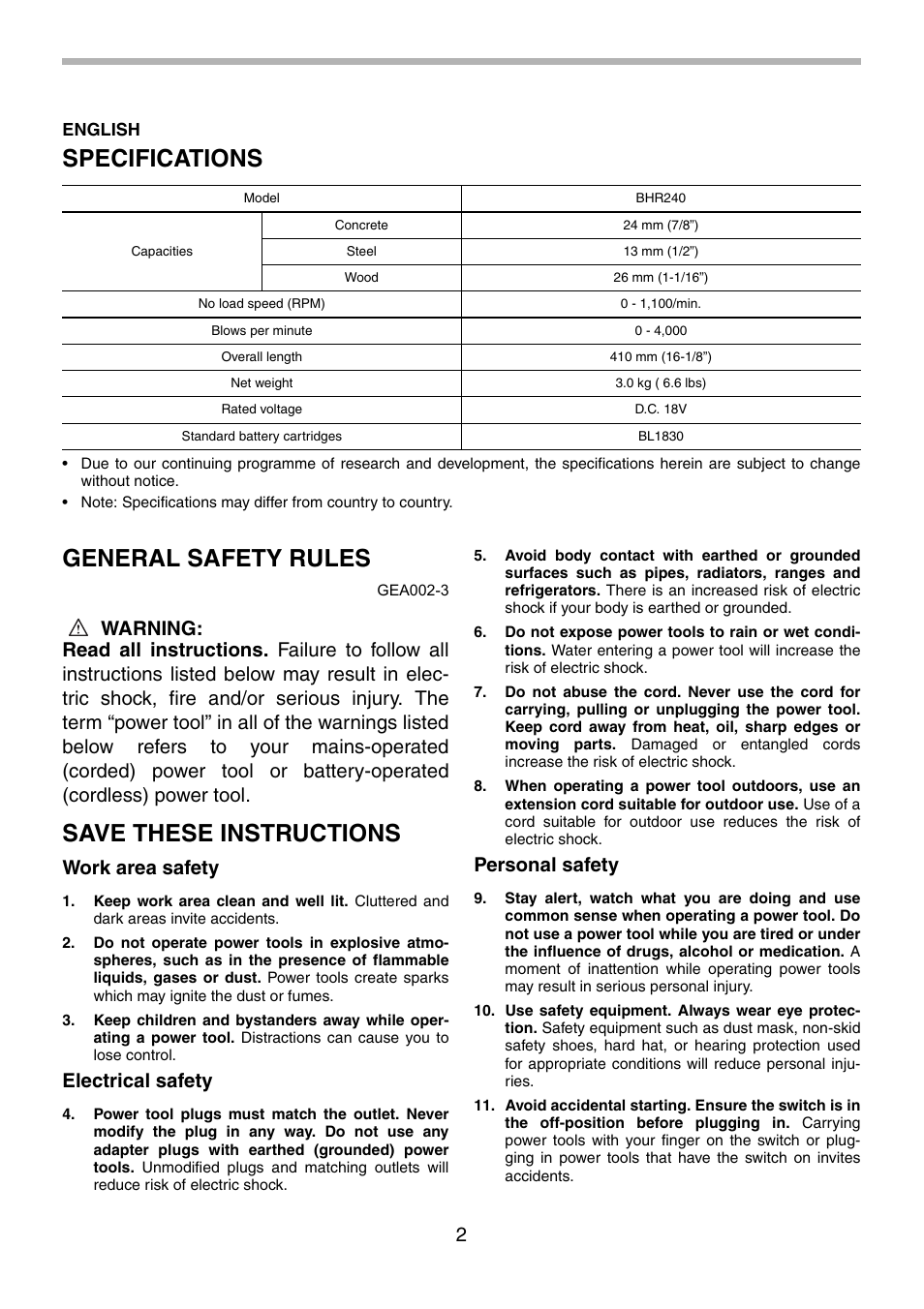Specifications, General safety rules, Save these instructions | Work area safety, Electrical safety, Personal safety | Makita BHR240 User Manual | Page 2 / 32