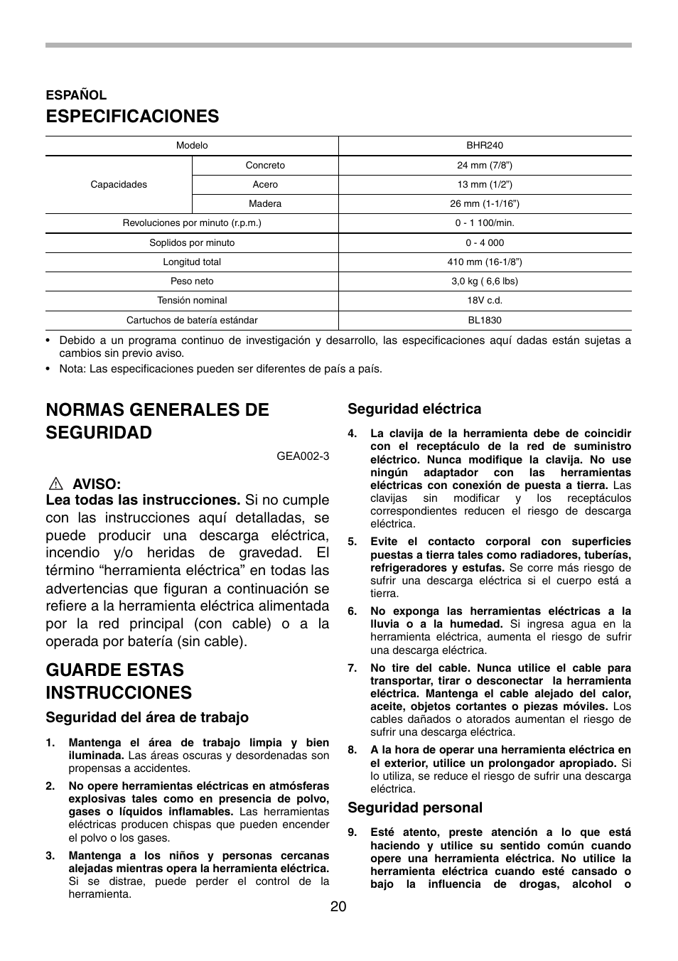 Especificaciones, Normas generales de seguridad, Guarde estas instrucciones | Seguridad del área de trabajo, Seguridad eléctrica, Seguridad personal | Makita BHR240 User Manual | Page 20 / 32