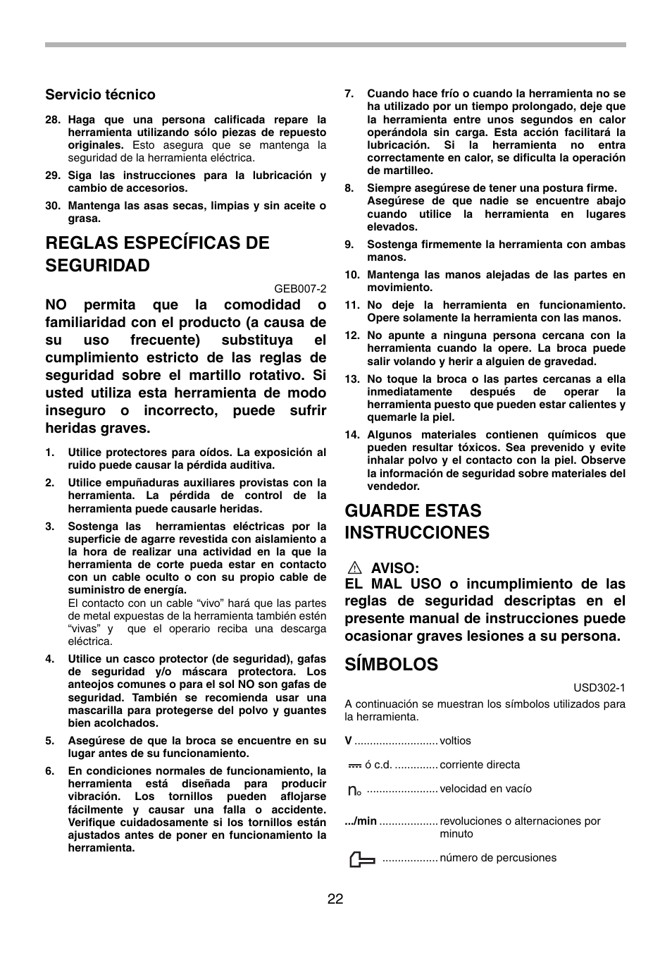 Reglas específicas de seguridad, Guarde estas instrucciones, Símbolos | 22 servicio técnico | Makita BHR240 User Manual | Page 22 / 32