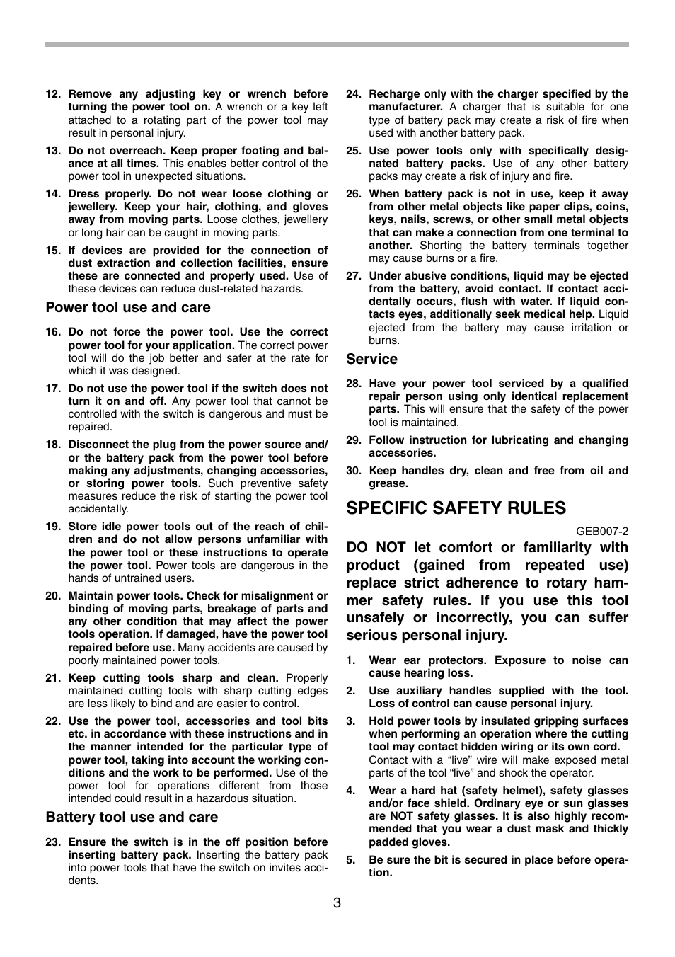 Specific safety rules, Power tool use and care, Battery tool use and care | Service | Makita BHR240 User Manual | Page 3 / 32