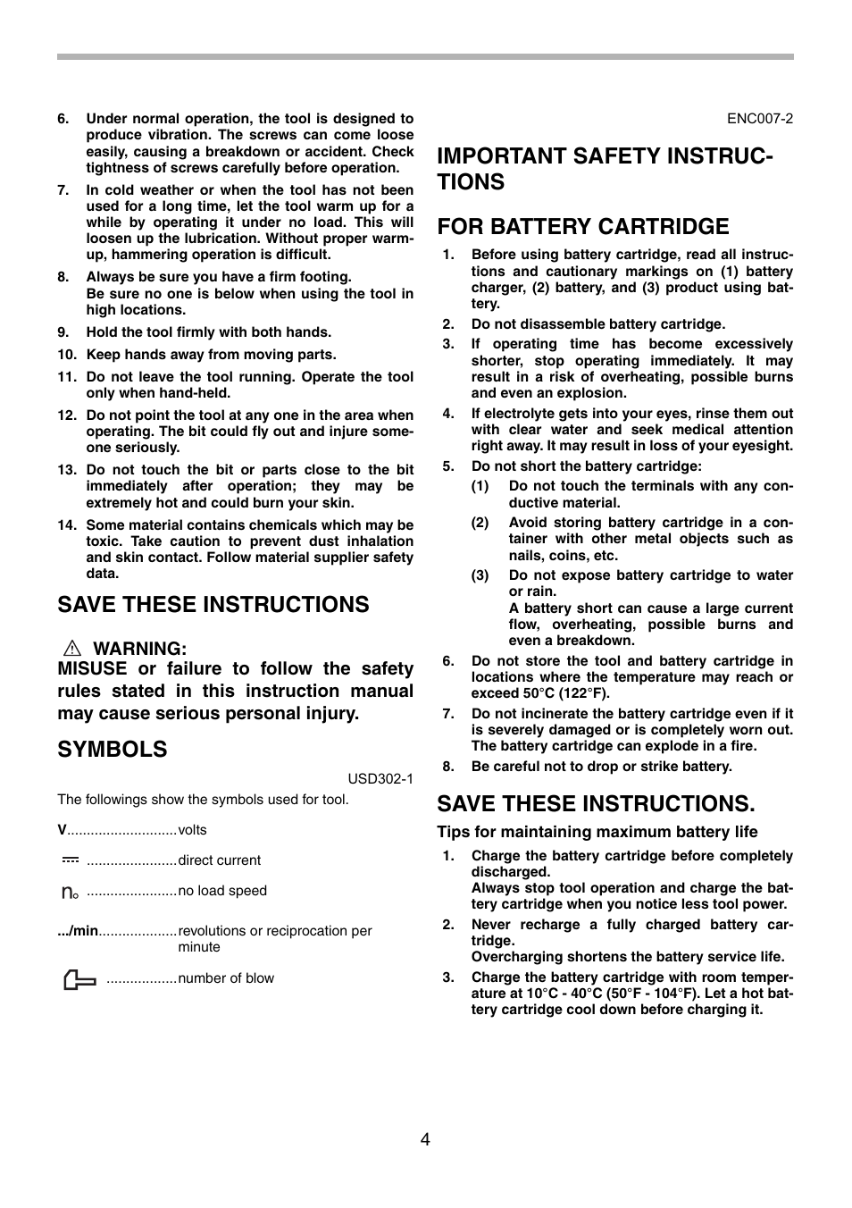 Save these instructions, Symbols | Makita BHR240 User Manual | Page 4 / 32