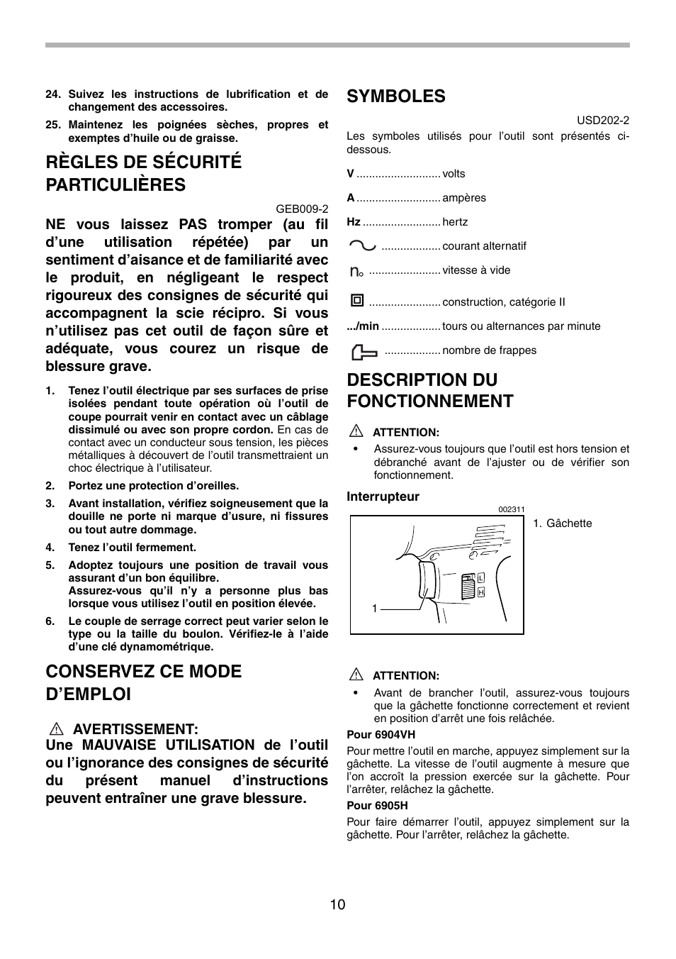 Règles de sécurité particulières, Conservez ce mode d’emploi, Symboles | Description du fonctionnement | Makita 6904VH User Manual | Page 10 / 20