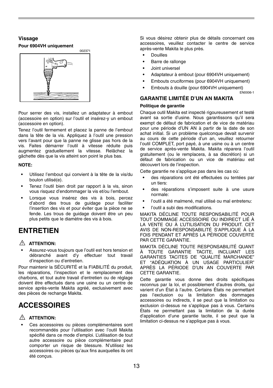 Entretien, Accessoires | Makita 6904VH User Manual | Page 13 / 20