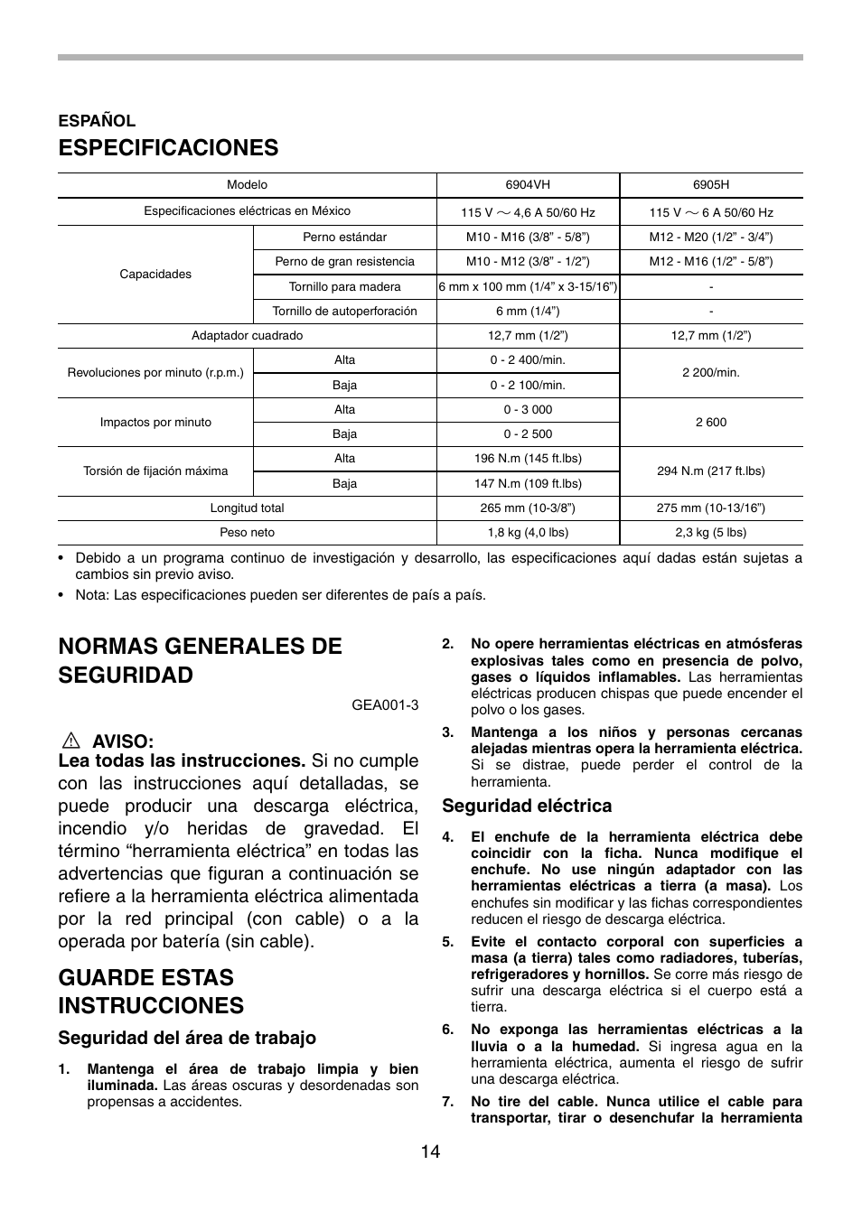 Especificaciones, Normas generales de seguridad, Guarde estas instrucciones | Seguridad del área de trabajo, Seguridad eléctrica, Español | Makita 6904VH User Manual | Page 14 / 20