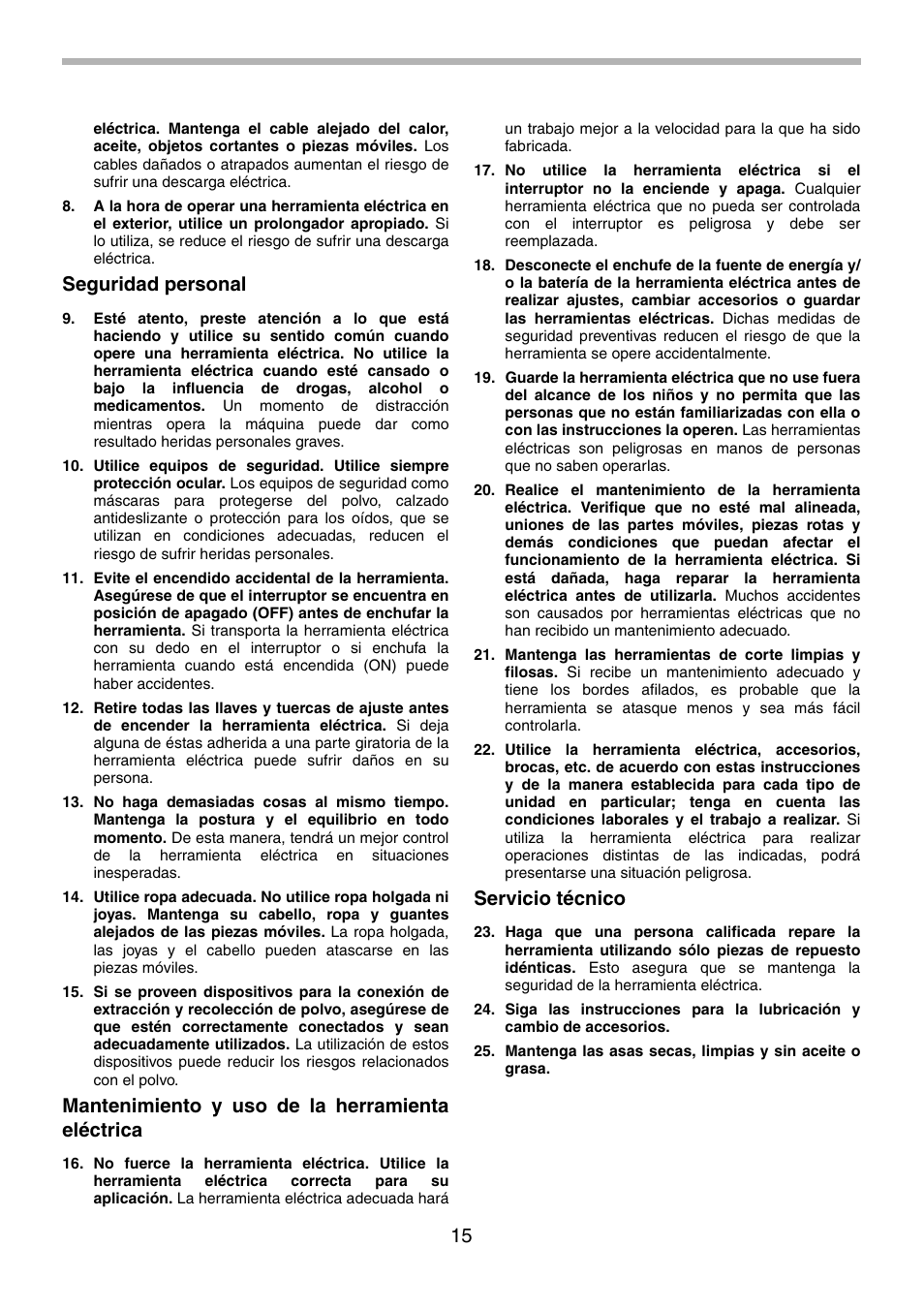 Seguridad personal, Mantenimiento y uso de la herramienta eléctrica, Servicio técnico | Makita 6904VH User Manual | Page 15 / 20