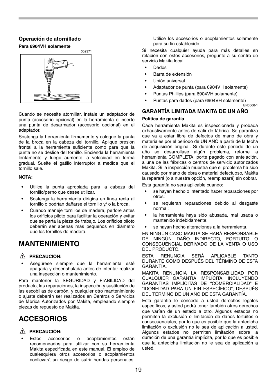 Mantenimiento, Accesorios | Makita 6904VH User Manual | Page 19 / 20