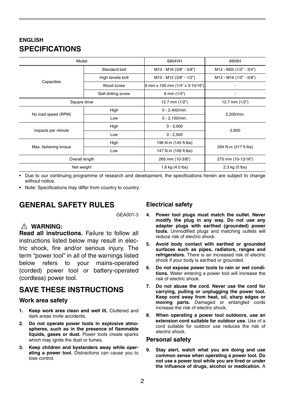 Specifications, General safety rules, Save these instructions | Work area safety, Electrical safety, Personal safety | Makita 6904VH User Manual | Page 2 / 20