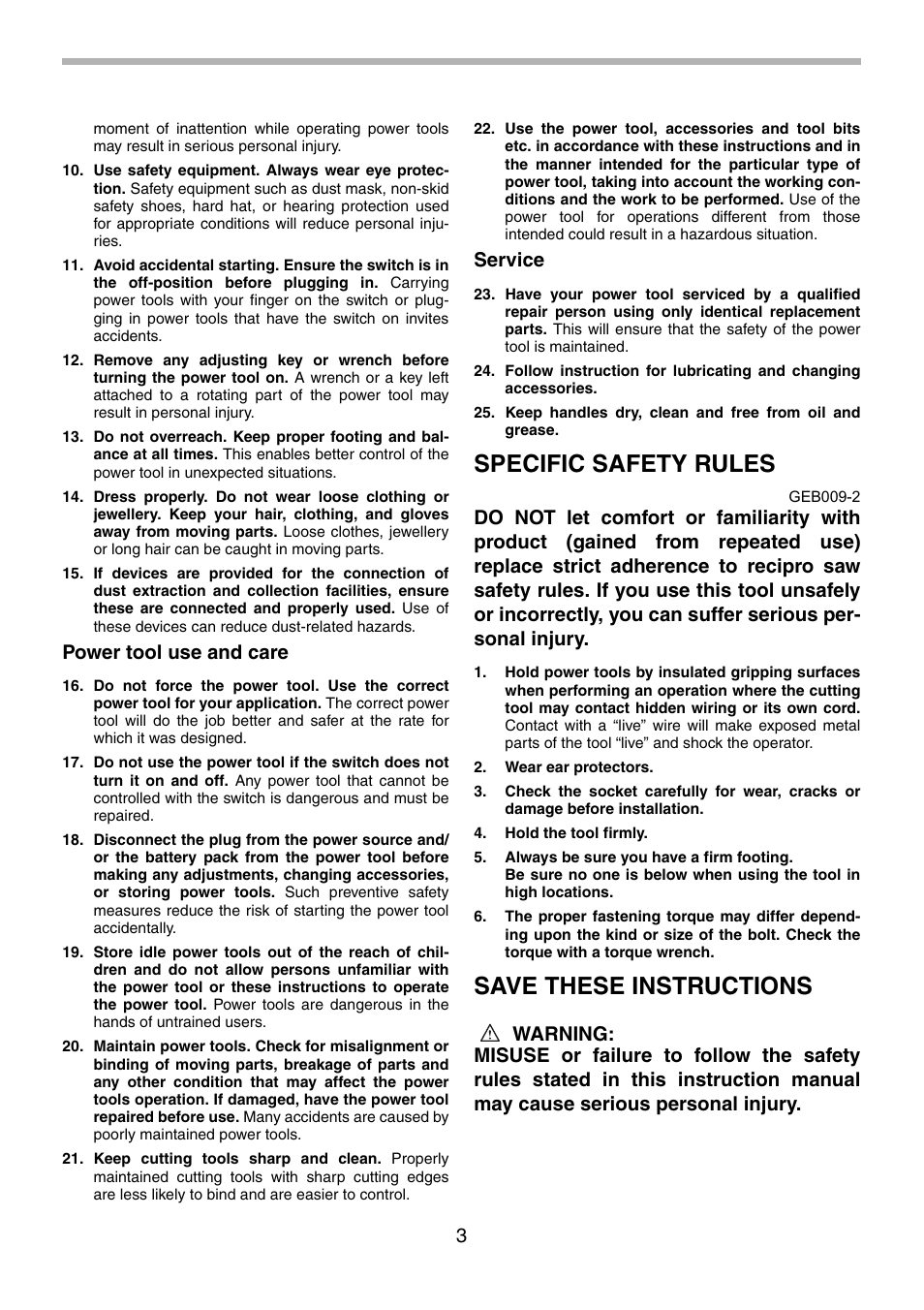 Specific safety rules, Save these instructions, Power tool use and care | Service | Makita 6904VH User Manual | Page 3 / 20