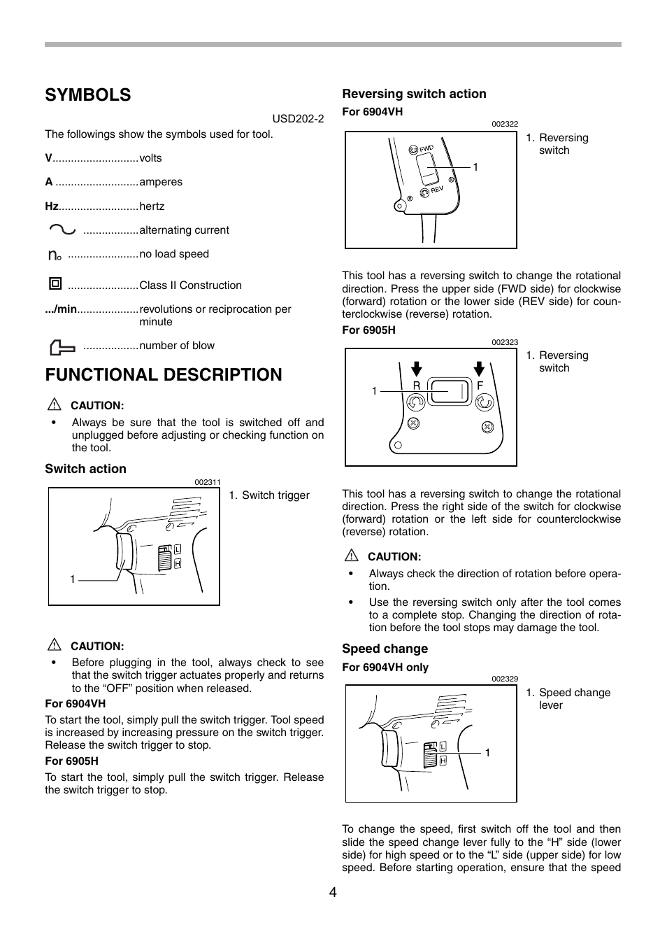 Symbols, Functional description | Makita 6904VH User Manual | Page 4 / 20