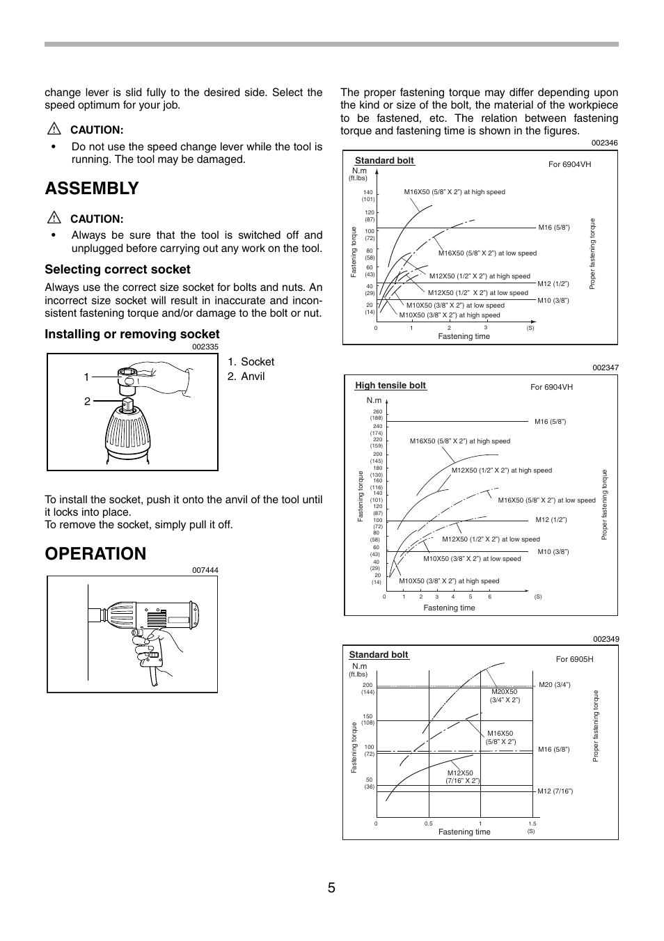 Assembly, Operation, Selecting correct socket | Installing or removing socket | Makita 6904VH User Manual | Page 5 / 20