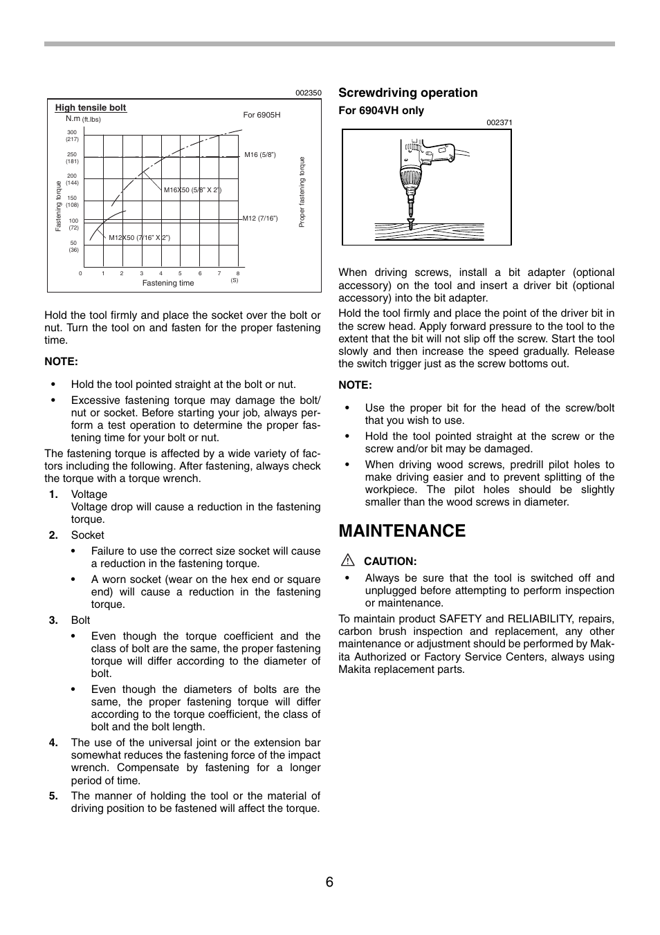 Maintenance, Screwdriving operation | Makita 6904VH User Manual | Page 6 / 20